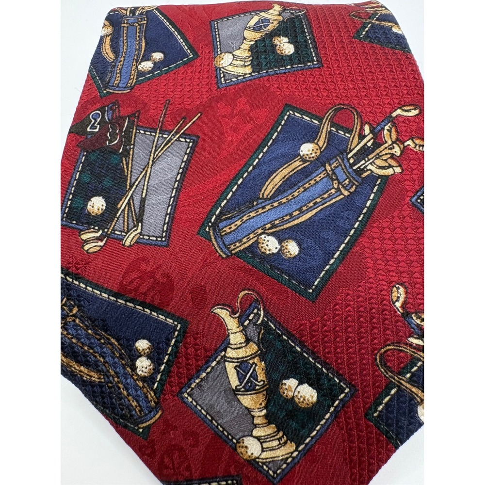 Fillings Mens Silk Necktie Red Golf Theme Novelty Print Bags Clubs Trophy Tie